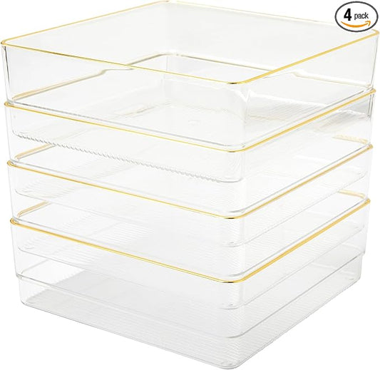 Martha Stewart Kerry Plastic Stackable Office Desk Drawer Organizers, 6" x 6", 4 Pack, with Gold Trim