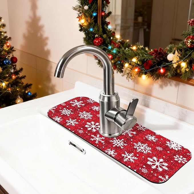 Sink Faucet Mat Winter Snowflake Kitchen Splash Guard Absorbent Bathroom Sink Mat Around Faucet 15" x 5.5" Drying Mats Stone Draining Mat