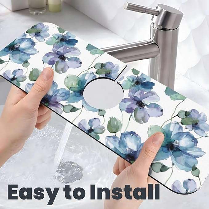 Abstract Flower Blooming Floral Watercolor Kitchen Sink Splash Guard Faucet Mat Super Absorbent Fast Drying Mat Sink Gadgets-Fast Drying Pad Sink Mat For Kitchen Bathroom (15" X 5.5" )