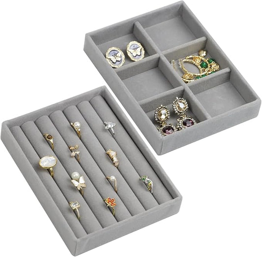 Fordonral Velvet Jewelry Organizer Box, Jewelry Drawer Organizers Trays, Earring Ring Necklace Holder Display Case (Gray, Ring+6 Grid Trays)