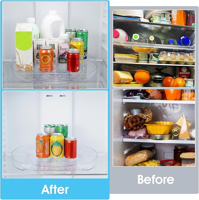 Afcabakila Lazy Susan Turntable for Refrigerator, 15"x11" Rotating Spice Rack Organizer 360°Clear PET Organizer Storage Tray Cabinet, Pantry Countertop with Suction Cups Large Rectangular Fridge Shelf