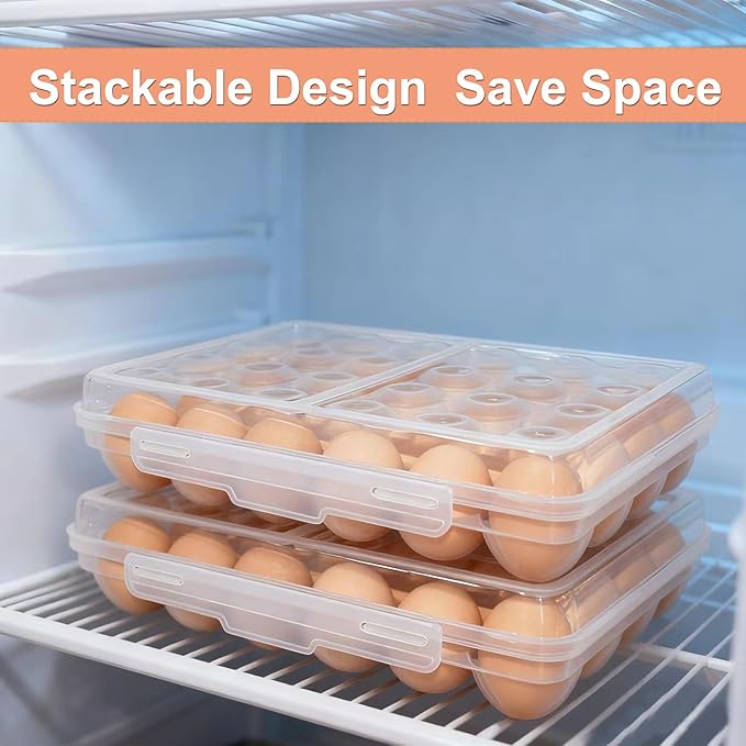 Large Egg Holder for Fridge Camping, Portable Egg Tray Carrier with Lid, Stackable Egg Storage Container with Safety Buckle (15 Grids Egg Tray)