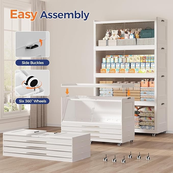 QAVABIN 320GAL Extra Large Storage Bins with Lid, 1280QT Collapsible Organizer with Wheels, Stackable Closet Cabinet with Doors, Folding Storage Containers for Home, Office, Kitchen, 4Pack White