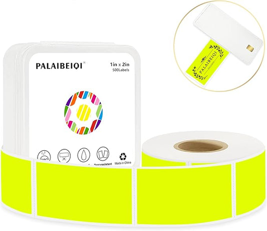 PALAIBEIQI 1x2 Inch Thermal Labels,500PCS Rectangle Stickers,Waterproof Removable Blank Stickers for Address,Jars,Freezer Containers & Pantry Organization,Fluorescent Yellow
