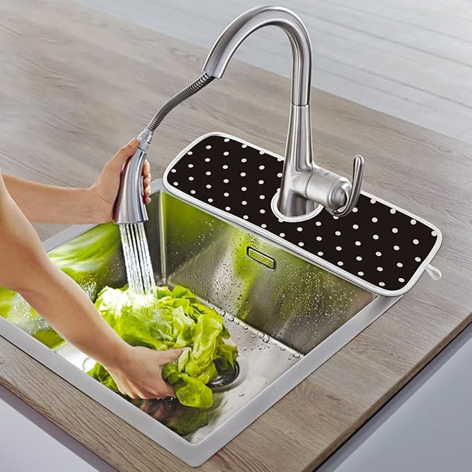 2 PCS Kitchen Sink Splash Guard 14.9 Inch Faucet Mat for Kitchen Sink Bathroom Sink Faucet Absorbing Drip Drain Mat Pad Microfiber Soft Washable Black and White Polka Dot