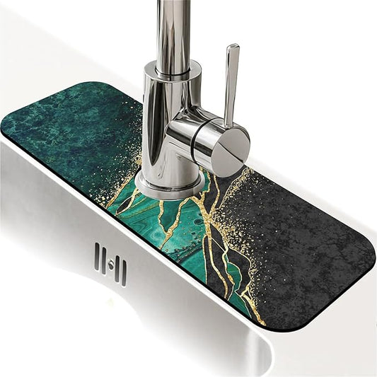 Kitchen Sink Splash Guard，Black and green gold marble Faucet Mat Sink Gadgets-Super Absorbent Fast Drying Mat Drip Catcher for Kitchen, Bathroom,Sink Mat, Dish Drying Mat, Bathroom(15" X 5.5" )