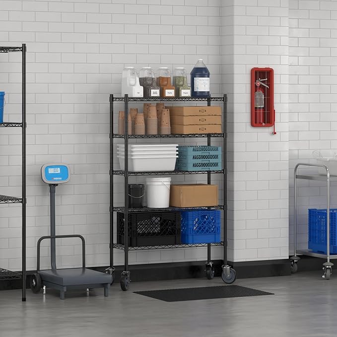 Commercial NSF Listed Black Epoxy Mobile Wire Shelving Kit 12" x 36" x 60", with 5 Shelves Perfect for Warehouse, Walk-in Refrigerator, Freezer, Grocery Store, Restaurant, Dishroom