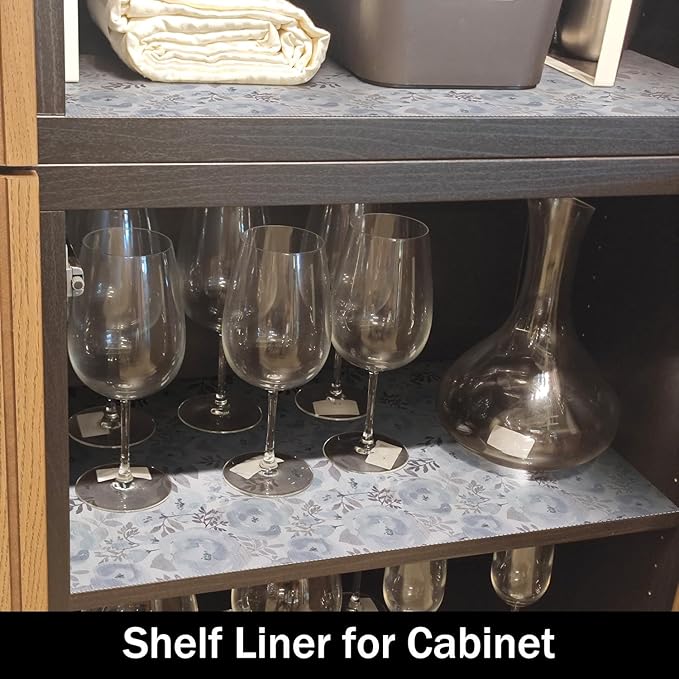 Amiitay Blue Peony Shelf and Drawer Liner for Kitchen,Non-Adhesive and Strong Non-Slip Floral Cabinet Drawer Liners for Kitchen Shelf, Waterproof Cupboard Liners,Easy to Clean,12IN x 10FT