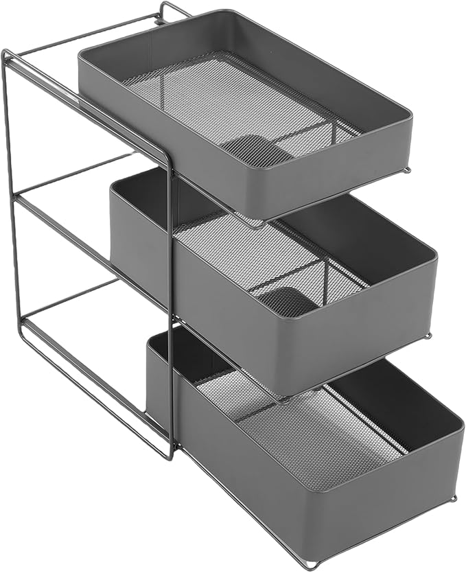 Under Sink Organizer, 3-Tier Pull Out Bathroom Cabinet Countertop Organizers Shelf, Extendable Drawer Kitchen Storage Sink Shelves for Bathroom Laundry Pantry