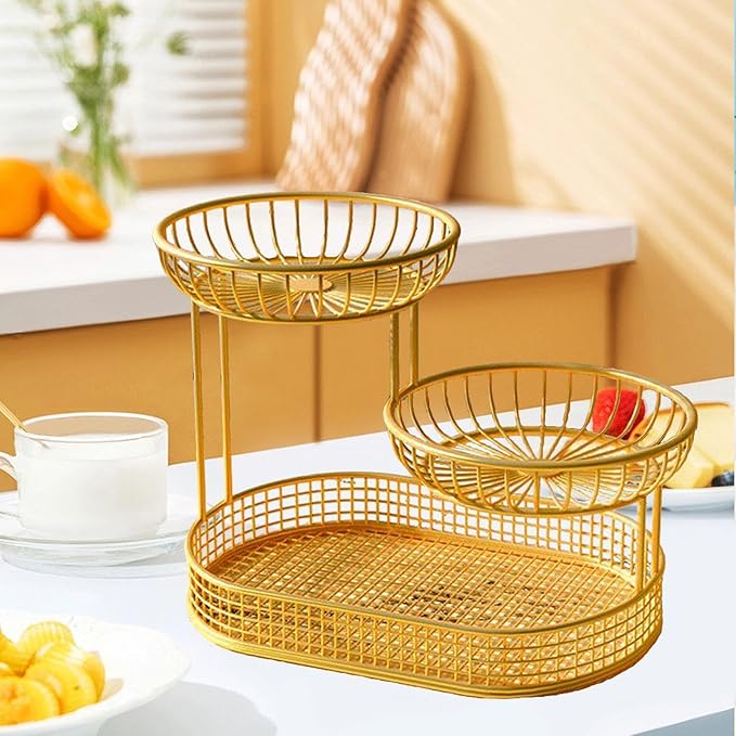 3 Layer Fruit Basket Fruit Holder Space Saver Serving Stand Metal Wire Storage Basket Bread Basket Vegetable Rack for Holdiay, gold
