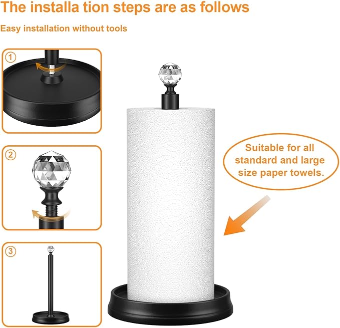 Paper Towel Holder, Steel Paper Towel Holder Countertop with Crystal Head for Kitchen Countertops, Bars & Dining Tables (Matte Black,2 Pack)