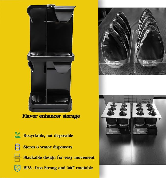 Organizer for Mio/KoolAid Liquid Water Enhancer - 2-Tier Spinning Holder for 8 Liquid Water Enhancers (Fits 3.24oz & 1.62oz), Stackable ABS Storage, Space-Saving Countertop Dispenser (Black)
