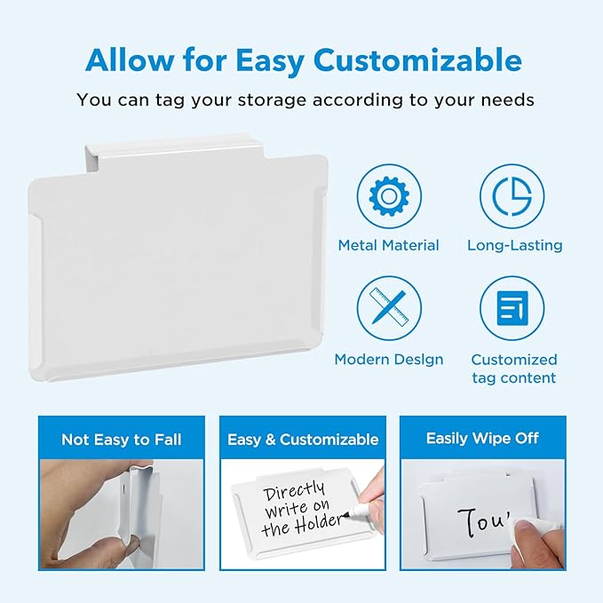 trohestar Metal Pantry Baskets Labels Clip On for Storage Bins | Edge Fold-Cream (Edge Fold-White, 18 Metal Label Clip)