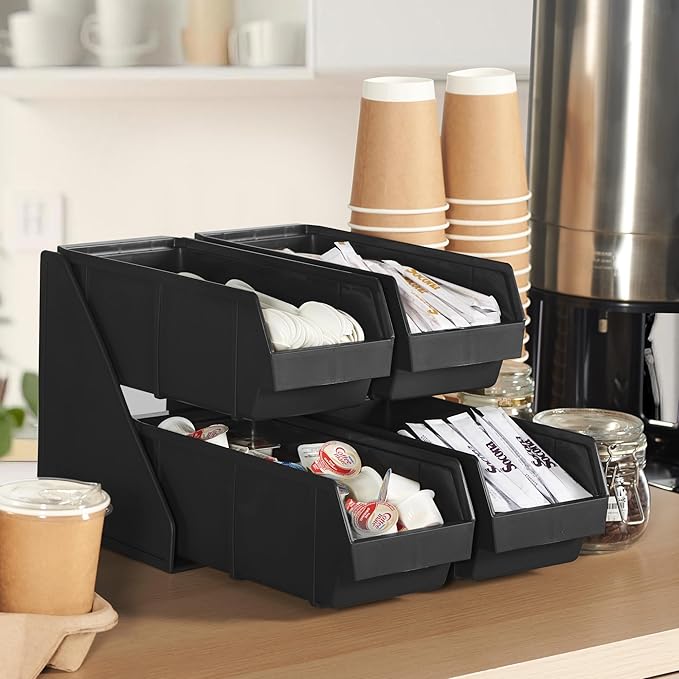 CURTA Black Self Serve Condiment Bin Stand Set, Removable Condiment Organizer with 2-Tier Stand and 4 Condiment Bins, 16" D x11.25 W x 9.5" H, Coffee Bar Beverage Station