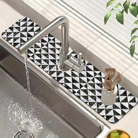 Granite Floor Tiles Sink Splash Guard Faucet Mat Mosaic Texture Super Absorbent Fast Drying Mat Sink Gadgets-Splash Guard Behind Faucet Drip Catcher for Kitchen Bathroom, 23.5"x5.5"
