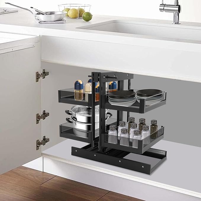 Pull-Out Organizers, Pull Out Kitchen Storage Rack with Double Layer 4 Baskets, Smooth Sliding Rails for Suitable For Kitchen Corner Cabinets (Corner Cabinet Pull-Out Organizer)