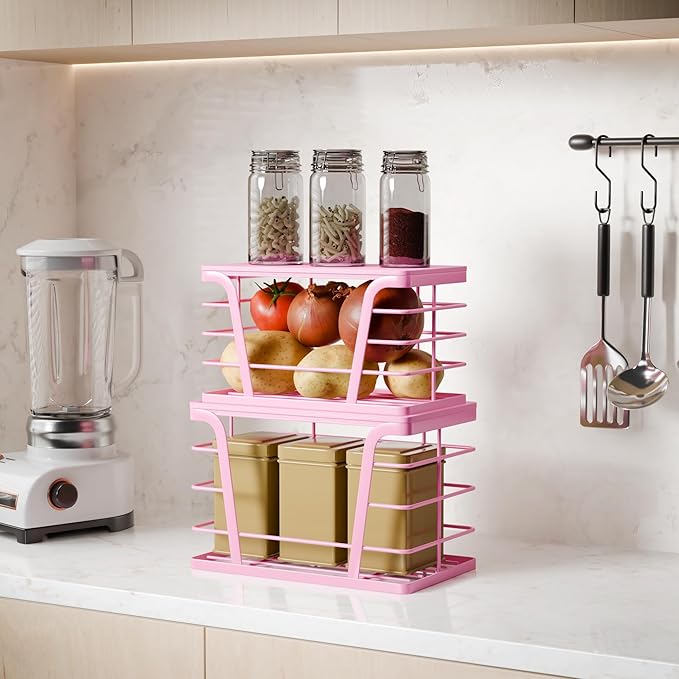2 Pack Pink Trash Bag Holder for Kitchen Organization, Upgraded Large Stackable Garbage Bag Dispenser with Bamboo Top, Aesthetic Grocery Bag Storage for Pantry, Laundry Room, Wall Mount