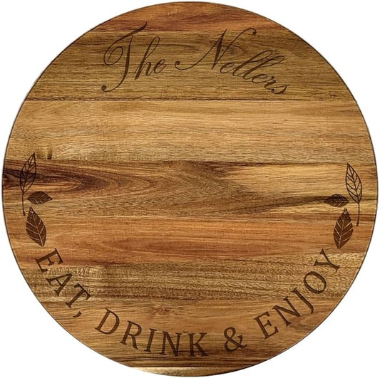 Engraved Eat Drink and Enjoy Personalized Lazy Susan, 16" Rotating Tray Brown