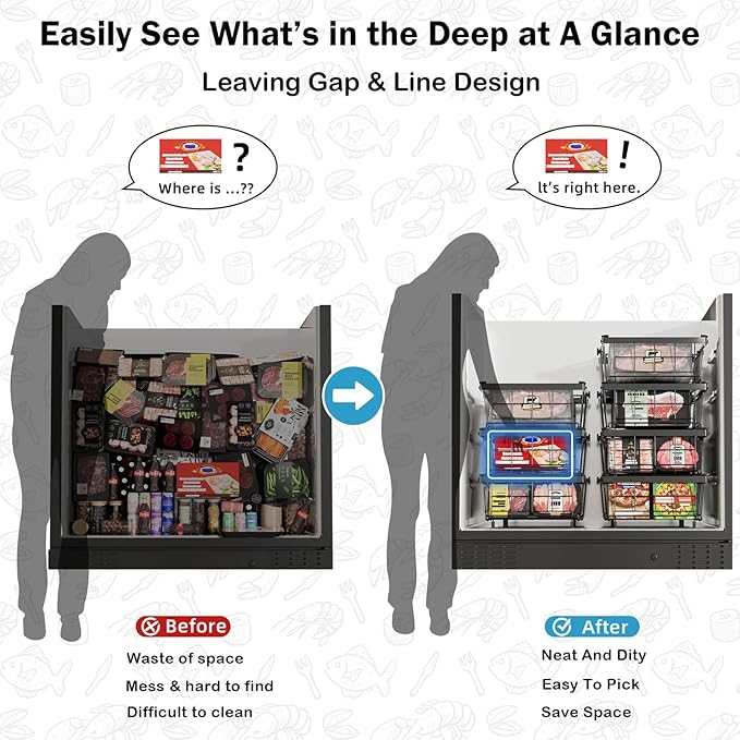 DOUBFIVSY Freezer Organizer Bins, 2 Pack Expandable Stackable Chest Deep Freezer Organizer Bins, Foldable Freezer Baskets with Handles, Freezer Storage Bins for 5 - 20 Cu.Ft Deep Freezer, Black