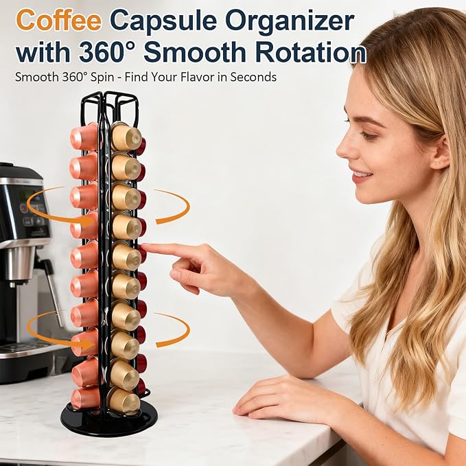 Coffee Pod Holder Carousel for Nespresso OriginalLine – 360° Rotating Capsule Organizer Holds 40 Pods, Space-Saving Countertop Storage Organizer Espresso Pod Rack for Home & Office (Black)