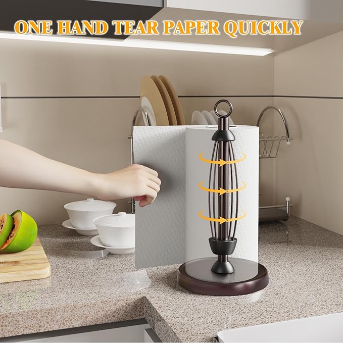 Oil Rubbed Bronze Paper Towel Holder Countertop, Bronze Kitchen Accessories Decor, Stainless Steel, Weighted Base, One Hand Tear Paper Towel Stand with Ratchet System for Kitchen Farmhouse Essentials