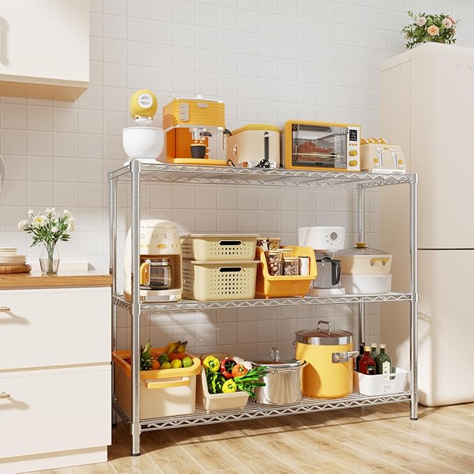 MODCART Storage Shelves, 48" L x 20" W x 47" H Heavy Duty Garage Wire Shelving Unit Loads 1200LBS, 3-Tier Adjustable Metal Industrial Utility Shelf Rack for Kitchen, Laundry Room, Basement