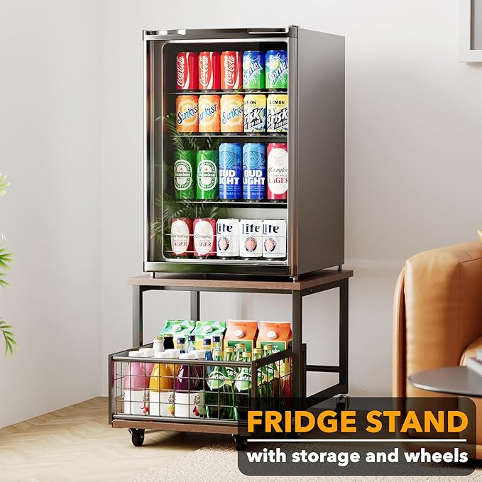 SpaceAid Mini Fridge Stand with Storage, 19.7" W x 19.7" D Heavy Duty Mobile Refrigerator Shelf Stand Table with Wheels, Fridge Cart Organizer with Drawer Basket for Home Dorm Office (Brown Wood)