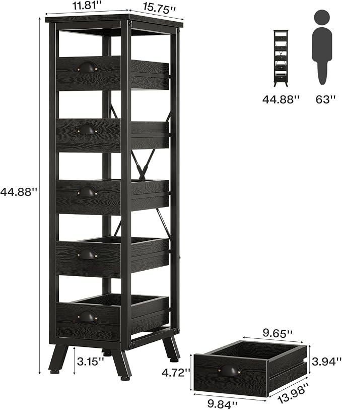 Tribesigns Wood Fruit and Vegetable Storage Rack Set of 2, 5-Tier Narrow Snack Stand Kitchen Stand Fruit Basket, Pull-Out Utility Organizer for Kitchen, Living Room, Black