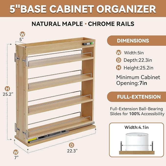 Pull Out Spice Rack Organizer for Cabinet (5" W x 22.3" D x 25.2" H), Sliding Spice Rack for Kitchen Cabinet, Wood Pull Out Cabinet Organizer for Multi-Use