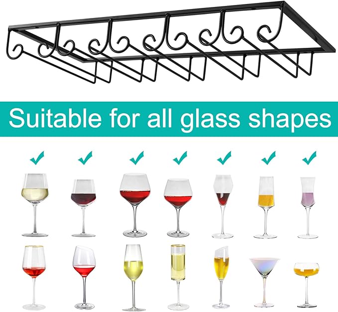 MOCOUM Under Cabinet Wine Glass Rack Stemware Rack, Wine Glasses Hanger Rack Wire Wine Glass Holder Storage Hanger for Cabinet Kitchen Bar (Black, 5 Rows 1 Pack)