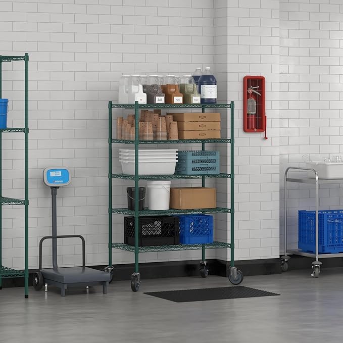 Commercial NSF Listed Green Epoxy Mobile Wire Shelving Kit 21" x 36" x 60", with 5 Shelves Perfect for Warehouse, Walk-in Refrigerator, Freezer, Grocery Store, Restaurant, Dishroom