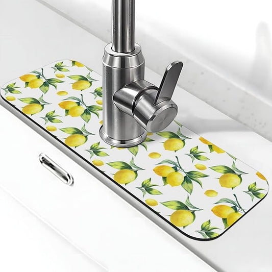 Yellow Lemon Green Leaves Kitchen Sink Splash Guard Faucet Mat Super Absorbent Fast Drying Mat Sink Gadgets-Fast Drying Pad Sink Mat For Kitchen Bathroom (15" X 5.5" )