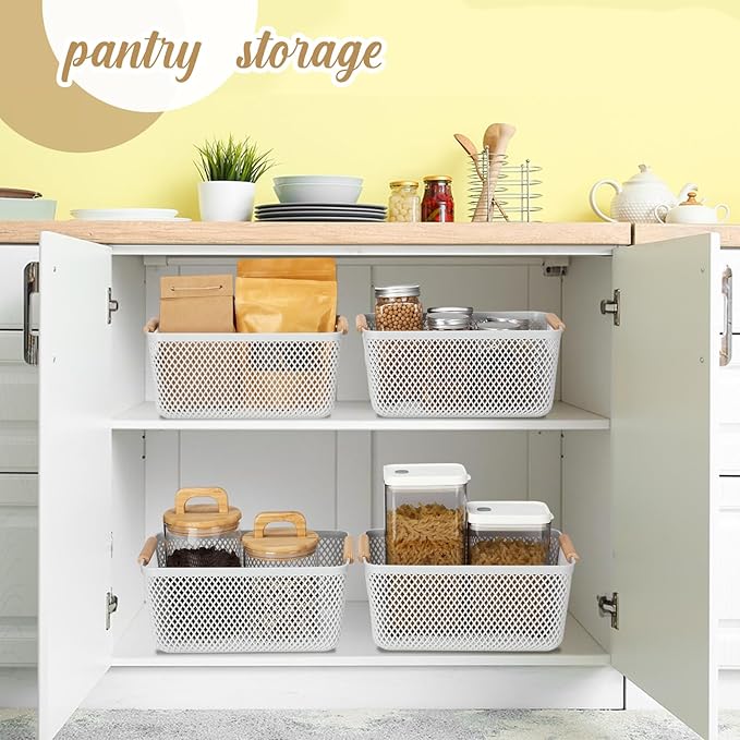 4 Pcs Plastic Mesh Baskets with Handles - Mesh Storage Organizer Bin Container Baskets for Home Organizing Pantry Closet Cabinet Kitchen Fridge Fruit Snacks Gifts, Grey(Small)