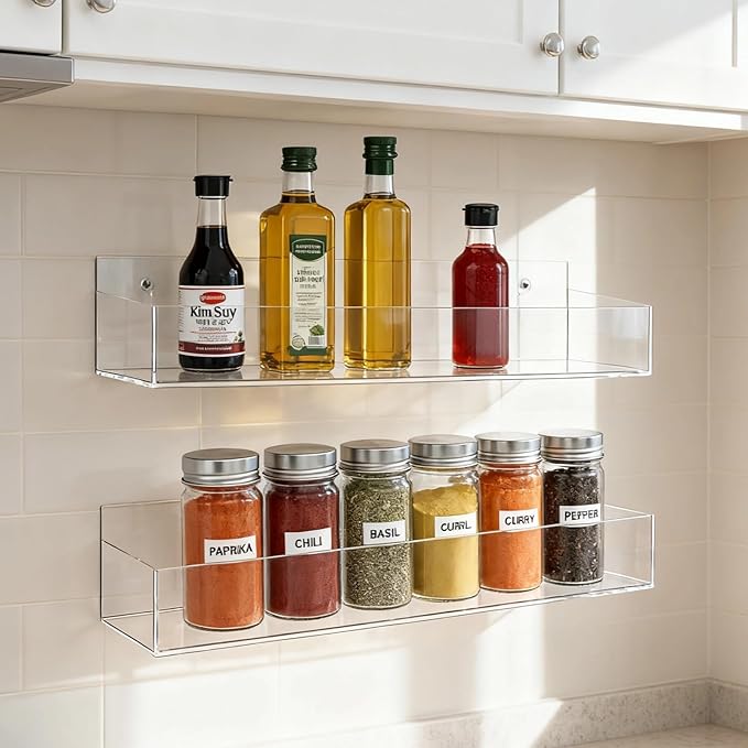 4 Pcs Clear Acrylic Spice Rack Wall Mount, Hanging Adhesive Spice Organizer for Kitchen Pantry, Storage Shelves, Space Saving Design
