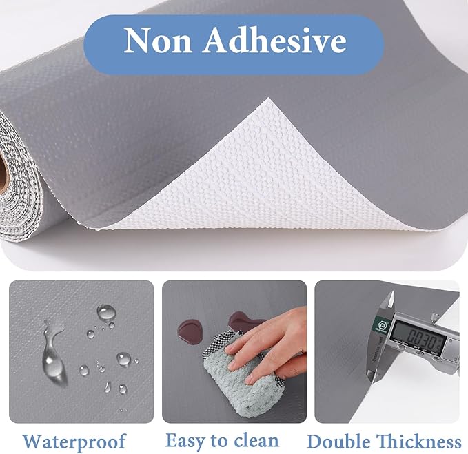 Shelf Liners for Kitchen Cabinets Non Adhesive Drawer Liner 23.6in x 30FT Pure Grey Thickened Shelf Liner Strong Non-Slip Easy to Clean for Tool Box Refrigerator with Knife and Tape Measure