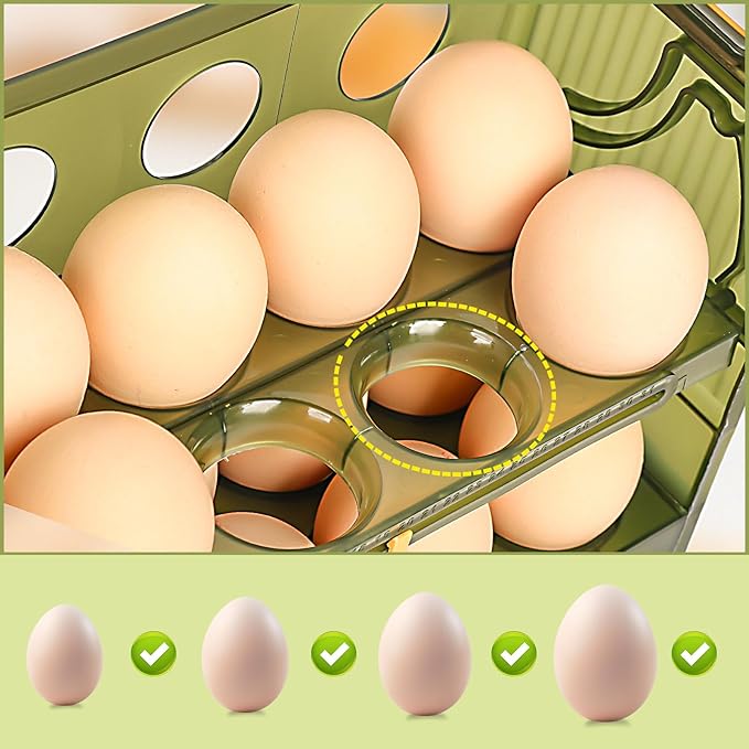 20 Egg Holder for Fridge, 2 Tiers Clear Stackable Stand Tray with Drawer for Refrigerator, Can See Freshness in a Timed Manner, for Refrigerator, Countertop with Handle
