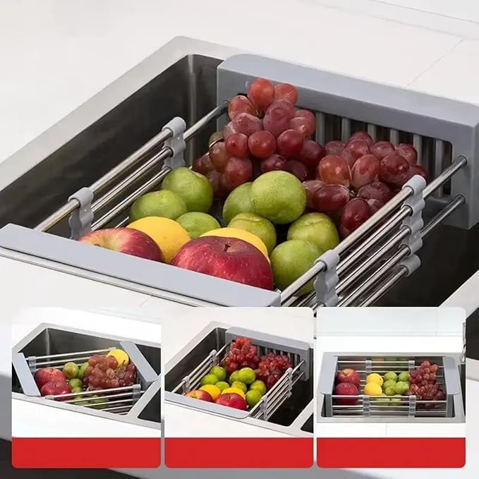 Extendable Stainless Steel Kitchen Sink Drain Basket, Retractable Dish Drying Rack, Over The Sink Drainer, Space-Saving Stainless Drain Rack, Extended/Adjustable for Dishes, Fruits, Vegetables, Large