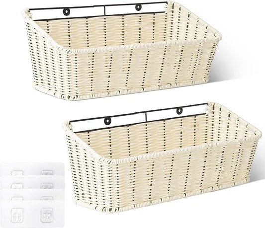 GRANNY SAYS Wicker Hanging Basket, 2 Pack Storage Baskets for Organizing, Adhesive Wall Mount Fruit Basket, Kitchen Organization Hanging Shelves, Storage Cabinet Door Organizer, Off White