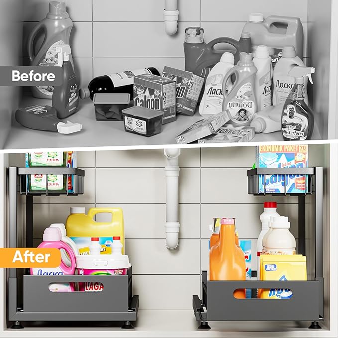 Under Sink Organizer Storage 2-Tier Premium Metal Pull-Out Racks, Height Adjustable, Easy Installation | Kitchen & Bathroom Organizers Pack of 1