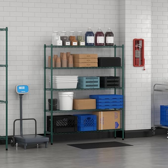 Commercial NSF Listed Green Epoxy Stationary Wire Shelving Kit 12" x 54" x 64", with 5 Shelves Perfect for Warehouse, Walk-in Refrigerator, Freezer, Grocery Store, Restaurant, Dishroom