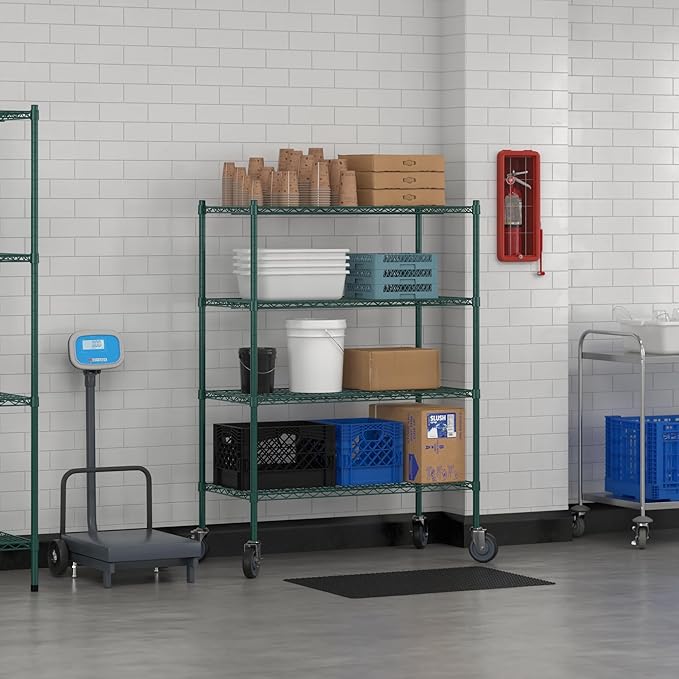 Commercial NSF Listed Green Epoxy Mobile Wire Shelving Kit 21" x 42" x 60", with 4 Shelves Perfect for Warehouse, Walk-in Refrigerator, Freezer, Grocery Store, Restaurant, Dishroom
