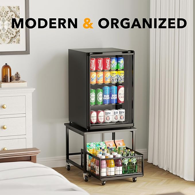 SpaceAid Mini Fridge Stand with Storage, 19.7" W x 19.7" D Heavy Duty Mobile Refrigerator Shelf Stand Table with Wheels, Fridge Cart Organizer with Drawer Basket for Home Dorm Office (Black)