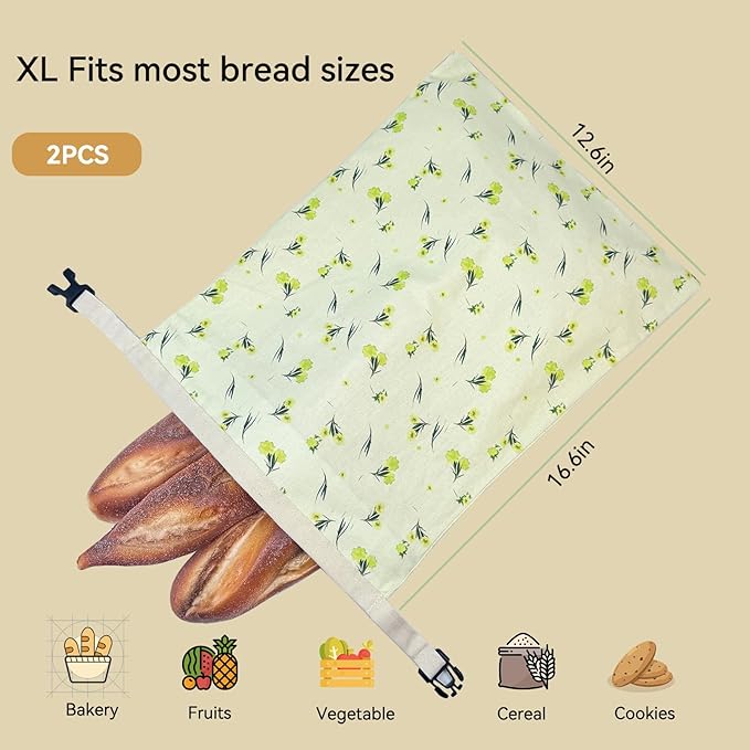 UFSCNRSA Reusable Beeswax Bread Bags, 2 Pack 16.6x12.6in Large-Organic Cotton for Sourdough Bread Homemade, Freezer Storage to Keep Fresh