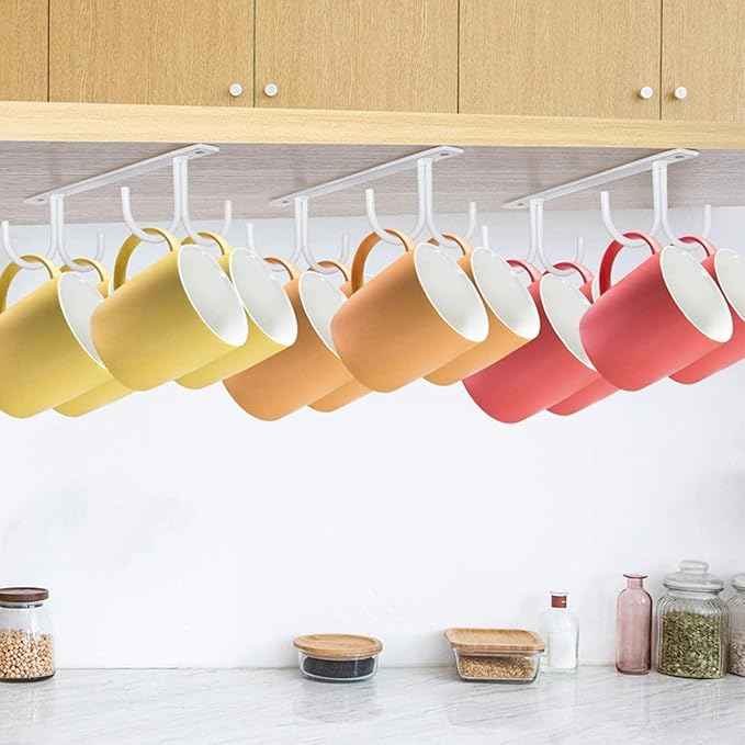 Cabinet Mug Hooks Rack, White Iron Kitchen Rack with 4 Hooks, Space-Saving Cupboard Holder and Utensil Organizer for Kitchen Storage