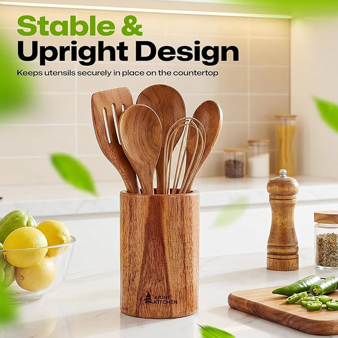AIUHI Wood Utensil Holder for Kitchen Counter, Wooden Utensil Crock, Kitchen Utensil Organizer, 5.1"x 3.5" Large Spatula and Spoon Holders