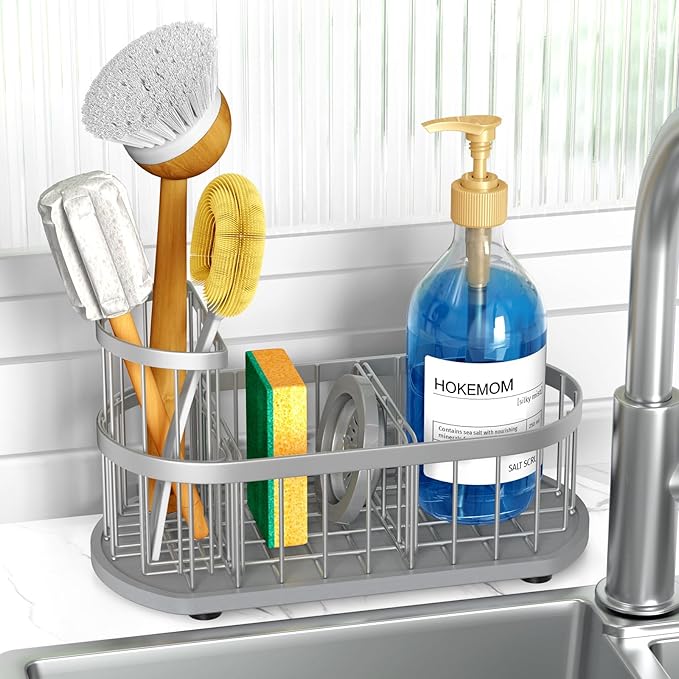 LARGE Kitchen Sink Caddy Organizer,[FLEXIBLE PLACEMENT & FAST-DRYING] Sponge Holder for Kitchen Sink Countertop with High Brush Holder-Rustproof 304 Stainless Steel-9.84"L x 4.72"W x 5.83"H