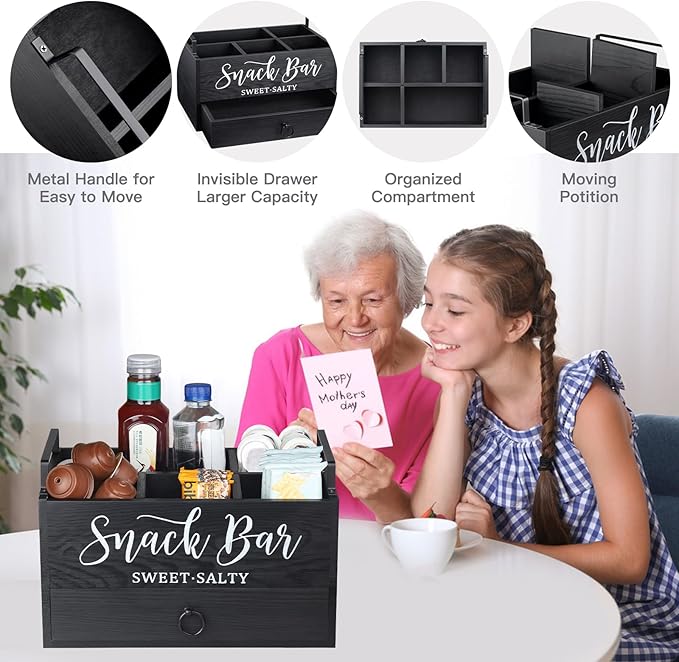Snack Organizer for Countertop, Wood Snack Basket Snack Tray with Handles, 5 Compartment Pantry Storage Bins with Drawer, Food Container Snack Box for Snacks, Chips, Packets