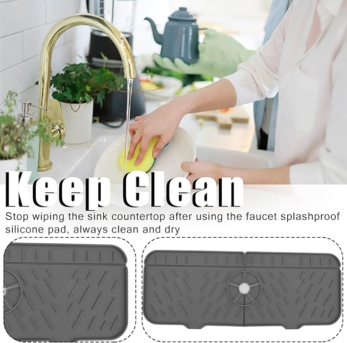 14.7 x 5.7in Silicone Sink Splash Guard Dry Gray Faucet Absorbent Mat Washable and Reusable Sink Accessory For Kitchen Countertops and Bathroom Sinks