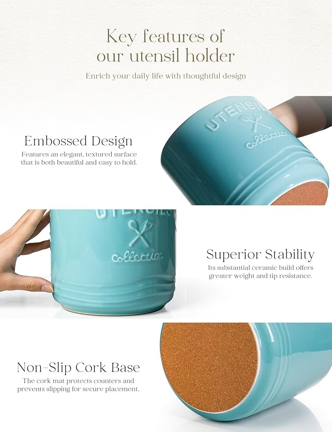 AISBUGUR Large Ceramic Utensil Holder 7.5" H×6.3" W with Slanted Mouth - Utensil Crock with Non-Slip Cork Base for Kitchen Counter, Ideal for Decor & Gift,Blue
