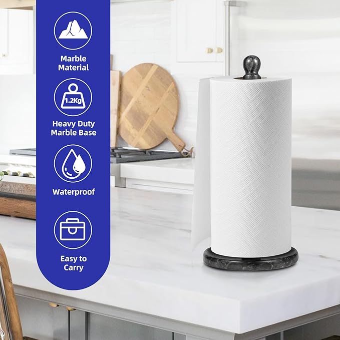 Handmade Marble Paper Towel Holder - 12" Upright Paper Roll Dispenser with Heavy Non-Slip Base for Easy One-Handed Tear - Ideal for Kitchen Countertops, Cabinets, and Bathrooms